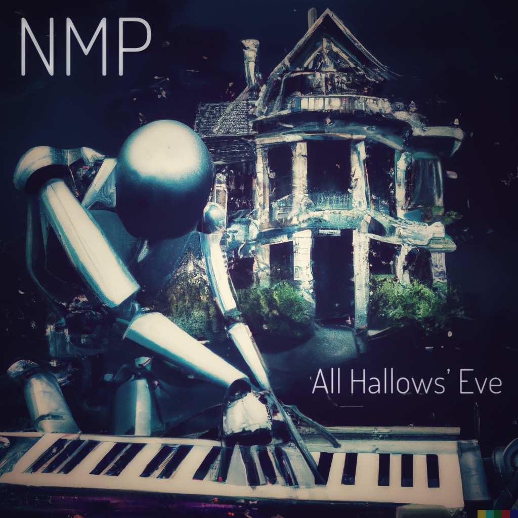 AI generated image (Dal-e) showing a robot playing a synth in front of an apparently haunted house